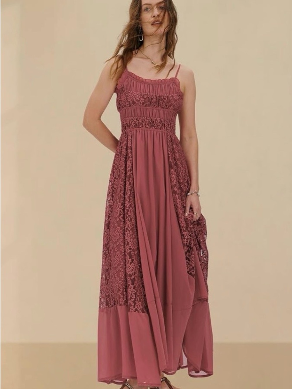 Smocked Lace Panel Maxi Dress in Dusty Rose